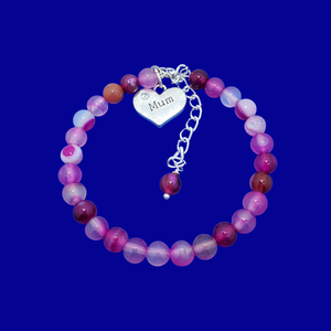 Gifts for Mum - Mum Bracelet - Mother Jewelry, handmade mum natural gemstone expandable charm bracelet, shades of pink (rose line agate) or custom color