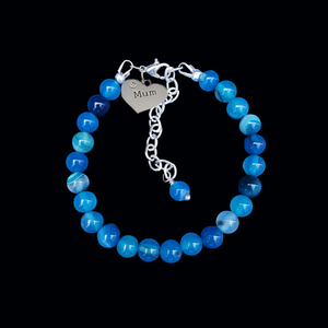 handmade mum natural gemstone expandable charm bracelet, shades of blue (blue lines agate) or custom color