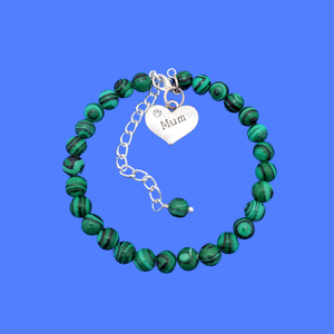 Gifts for Mum - Mum Bracelet - Mother Jewelry, handmade mum natural gemstone expandable charm bracelet, shades of green with black stripes (green malachite) or custom color