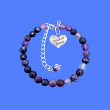 Load image into Gallery viewer, handmade maid of honor natural gemstone charm bracelet (purple agate) shades of purple or custom color