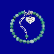 Load image into Gallery viewer, handmade maid of honor natural gemstone charm bracelet (green fantasy agate) shades of green or custom color