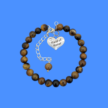 Load image into Gallery viewer, handmade maid of honor natural gemstone charm bracelet (tiger&#39;s eye) shades of brown or custom color