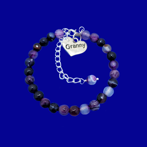 Granny Gift - Granny Present - Great Granny Gifts- Handmade Granny natural gemstone charm bracelet, shades of purple (purple agate) custom color