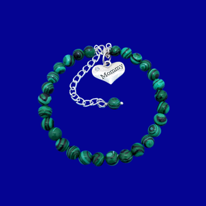 mommy natural gemstone charm bracelet, (green malachite) green and black stripes or custom color