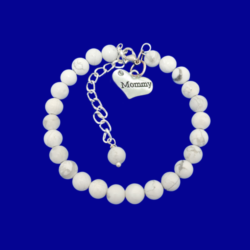 mommy natural gemstone charm bracelet, (white howlite) shades of grey and white or custom color