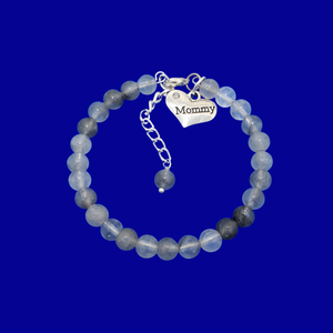 mommy natural gemstone charm bracelet, (ghost crystals) shades of grey or custom color