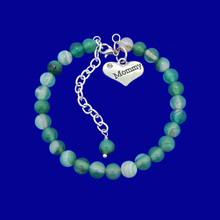 Load image into Gallery viewer, mommy natural gemstone charm bracelet, (green fantasy agate) shades of green or custom color