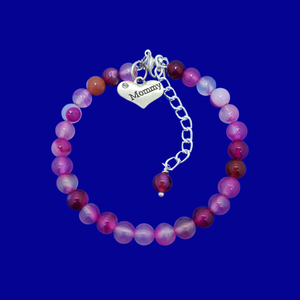 mommy natural gemstone charm bracelet, (rose line agate) shades of pink or custom color