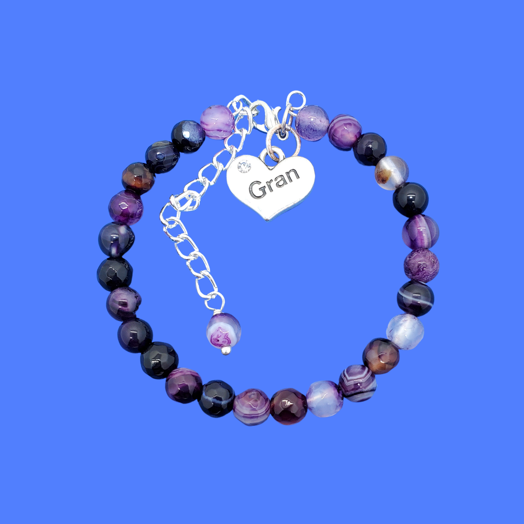Gift Ideas For Gran - Gran Gift - Gran Present - gran natural gemstone charm bracelet, shades of purple (purple agate) or custom color
