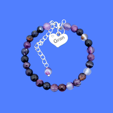 Load image into Gallery viewer, Gran Mothers Day - Gran Gift - Gran Present - handmade gran natural gemstone charm bracelet (purple agate) shades of purple or custom color