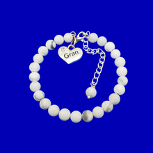 Load image into Gallery viewer, Gran Mothers Day - Gran Gift - Gran Present - handmade gran natural gemstone charm bracelet (white howlite) shades of white and grey or custom color