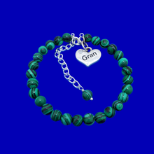 Load image into Gallery viewer, Gran Mothers Day - Gran Gift - Gran Present - handmade gran natural gemstone charm bracelet (green malachite) shades of green and black stripes or custom color