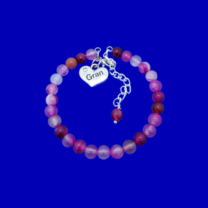 Gran Mothers Day - Gran Gift - Gran Present - handmade gran natural gemstone charm bracelet (rose line agate) shades of pink or custom color