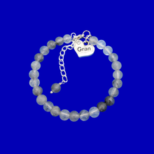 Load image into Gallery viewer, Gran Mothers Day - Gran Gift - Gran Present - handmade gran natural gemstone charm bracelet (ghost crystals) shades of grey or custom color