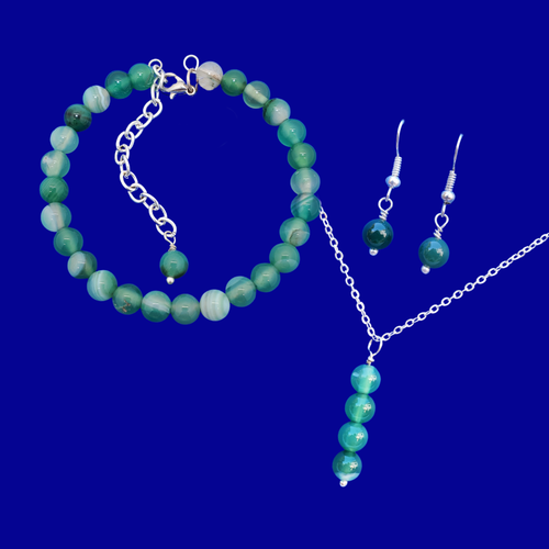 Jewelry Sets - Gemstone Jewelry - Bridal Jewellery Set - natural gemstone drop necklace bracelet stud earring jewelry set, shades of green (green fantasy agate) or custom color