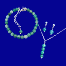 Load image into Gallery viewer, Bridesmaid Gifts - Gemstone Jewelry - Jewelry Sets - handmade natural gemstone drop necklace expandable bracelet and stud earring jewelry set, shades of green (green fantasy agate) or custom color
