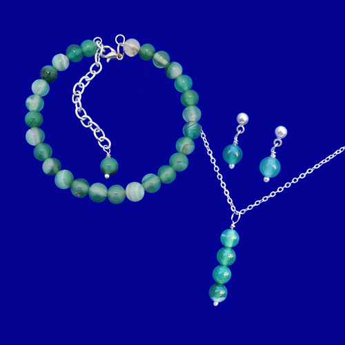 Bridesmaid Gifts - Gemstone Jewelry - Jewelry Sets - handmade natural gemstone drop necklace expandable bracelet and stud earring jewelry set, shades of green (green fantasy agate) or custom color