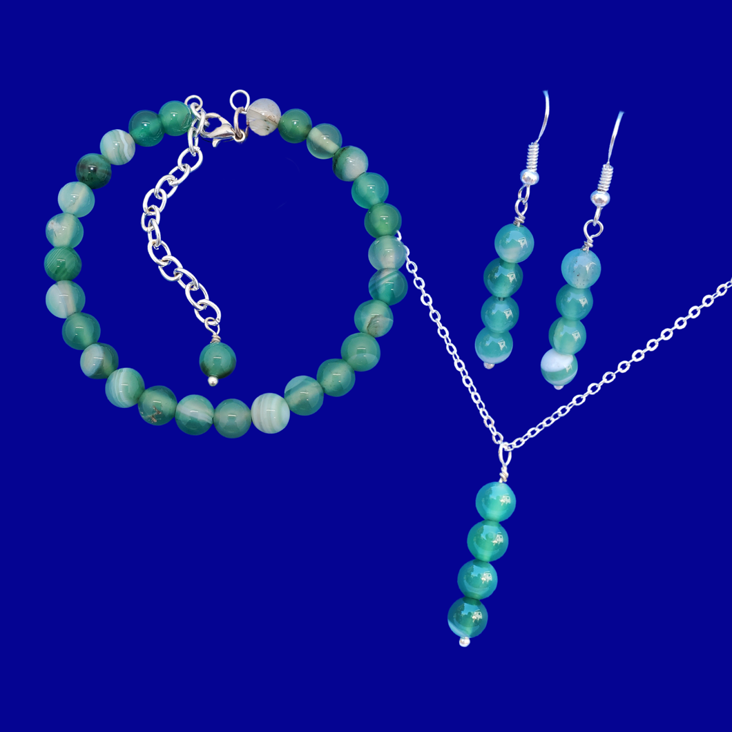 Necklace Set - Jewelry Sets - Modern Bridal Jewellery - handmade natural gemstone drop necklace accompanied by a bracelet and pair of earrings, green fantasy agate or custom color