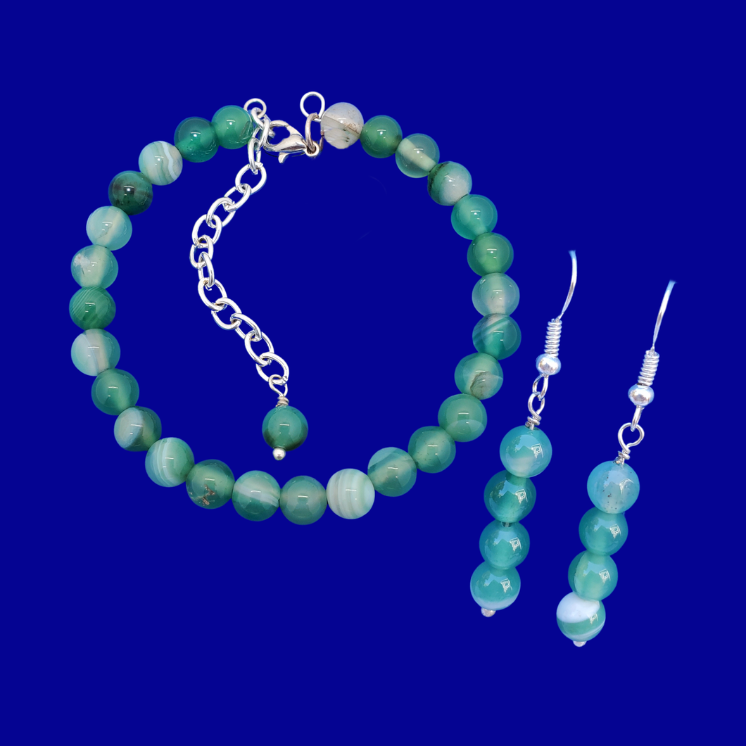 Bracelet Sets - Jewelry Sets - Bridal Party Gifts - handmade natural gemstone expandable bracelet accompanied by a pair of drop earrings, green fantasy agate or custom color