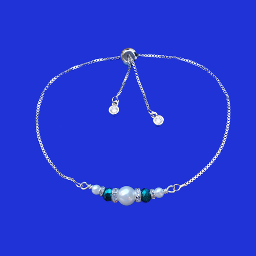 18K Bracelet - Pearl Bracelet - Bracelets, pearl crystal 18k rhodium adjustable bar bracelet, white and green or custom color