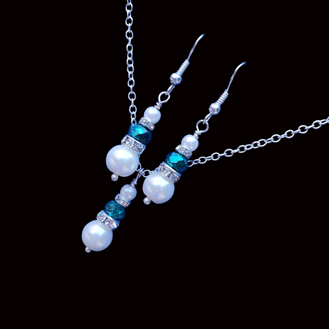 Gifts For Bridesmaids - Necklace And Earring Set - handmade pearl and crystal drop necklace accompanied by a matching pair of earrings, white and green or custom color