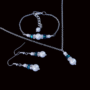 Pearl Set - Jewelry Sets - Bridesmaid Gift - handmade pearl and crystal drop necklace accompanied by a bar bracelet and a pair of drop earrings, white and green or custom colors