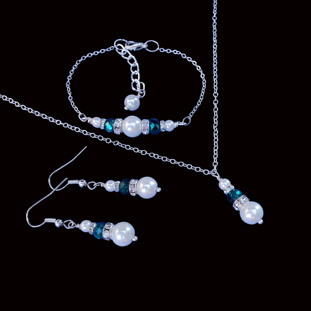 Pearl Set - Jewelry Sets - Bridesmaid Gift - handmade pearl and crystal drop necklace accompanied by a bar bracelet and a pair of drop earrings, white and green or custom colors