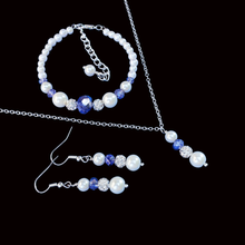 Load image into Gallery viewer, Jewelry Sets - Pearl Set - Bridal Sets - handmade pearl and crystal drop necklace accompanied by a bracelet and a pair of drop earrings, white blue silver or custom color