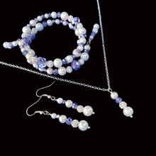 Load image into Gallery viewer, Jewelry Sets - Pearl Set - Bridesmaid Jewelry - handmade pearl and crystal drop necklace accompanied by an expandable, multi-layer, wrap bracelet and a pair of drop earrings, white blue silver or custom color