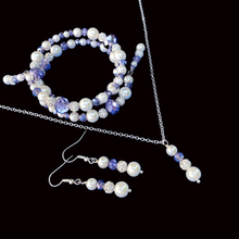 Load image into Gallery viewer, Jewelry Sets - Necklace Set - Pearl Set, pearl crystal drop necklace accompanied by an expandable multi layer wrap bracelet and a pair of drop earrings, white and blue or custom color