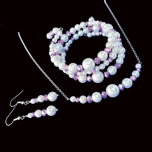 Jewelry Set - Bridal Jewelry Set - Necklace Set, pearl crystal bar necklace expandable multi layer wrap bracelet drop earring jewelry set, white purple or custom color