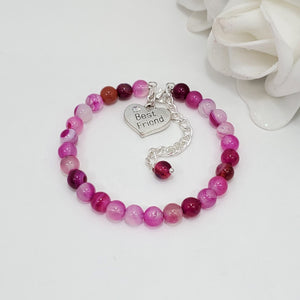 Handmade best friend natural gemstone charm bracelet - rose line agate (shades of pink) or custom color