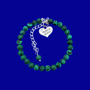 handmade maid of honor gemstone charm bracelet (green malachite) green with black stripes or custom color