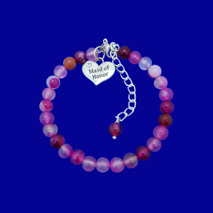handmade maid of honor gemstone charm bracelet (rose line agate) shades of pink or custom color