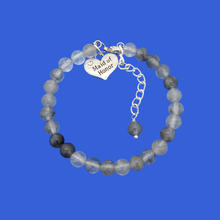 Load image into Gallery viewer, handmade maid of honor gemstone charm bracelet (ghost crystal) shades of grey or custom color