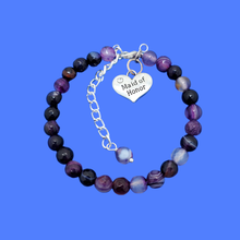 Load image into Gallery viewer, handmade maid of honor gemstone charm bracelet (purple agate) shades of purple or custom color