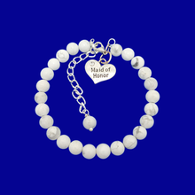 Load image into Gallery viewer, handmade maid of honor gemstone charm bracelet (white howlite) shades of white and grey or custom color
