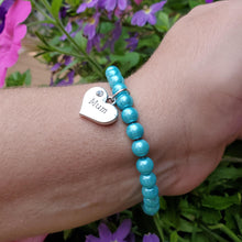 Load image into Gallery viewer, Handmade Mum pearl charm bracelet - aquamarine blue or custom color - Mum Pearl Bracelet - Mom Bracelet - Mother Jewelry