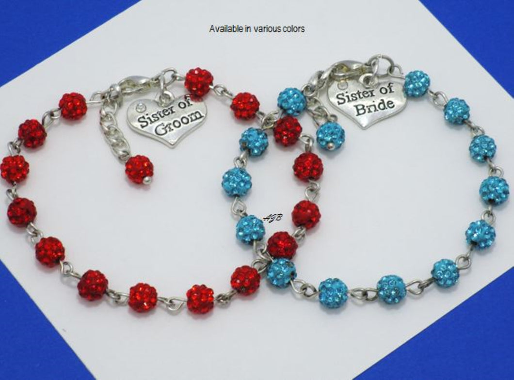 Set of 2 Sister of the Bride Groom Crystal Charm Bracelets