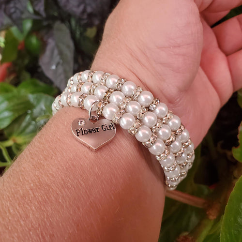 Handmade Flower Girl pearl and crystal rhinestone expandable, multi-layer, wrap charm bracelet - white or custom color - Flower Girl Gift - Wedding Party Gifts