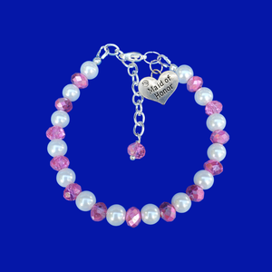 Maid of Honor Crystal Pearl Charm Bracelet, white and pink or custom color