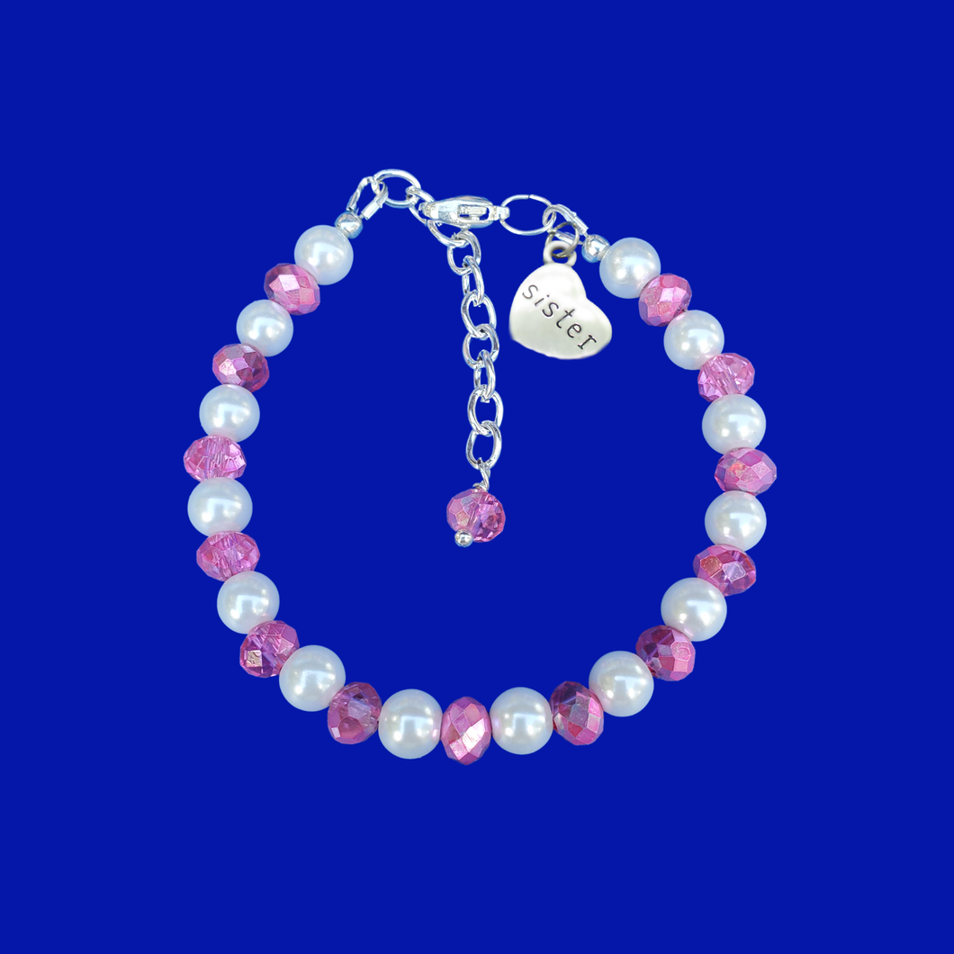Sister pearl crystal charm bracelet, pink and white or custom color