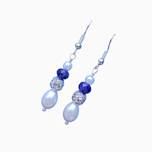 Load image into Gallery viewer, Drop Earrings - Pearl Earrings - Earrings, handmade teardrop pearl and crystal drop earrings, white and blue or ivory and blue, or custom color