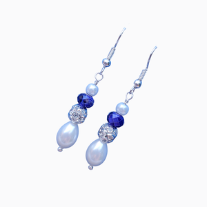Drop Earrings - Pearl Earrings - Earrings, handmade teardrop pearl and crystal drop earrings, white and blue or ivory and blue, or custom color