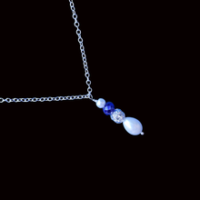 Load image into Gallery viewer, Necklaces - Teardrop Necklace - Pendant - bridal gifts - Handmade pearl and crystal pendant drop necklace, white and blue or custom color
