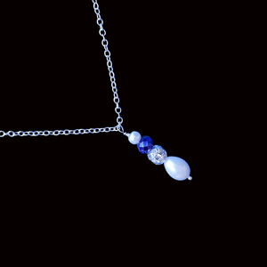 Necklaces - Teardrop Necklace - Pendant - bridal gifts - Handmade pearl and crystal pendant drop necklace, white and blue or custom color