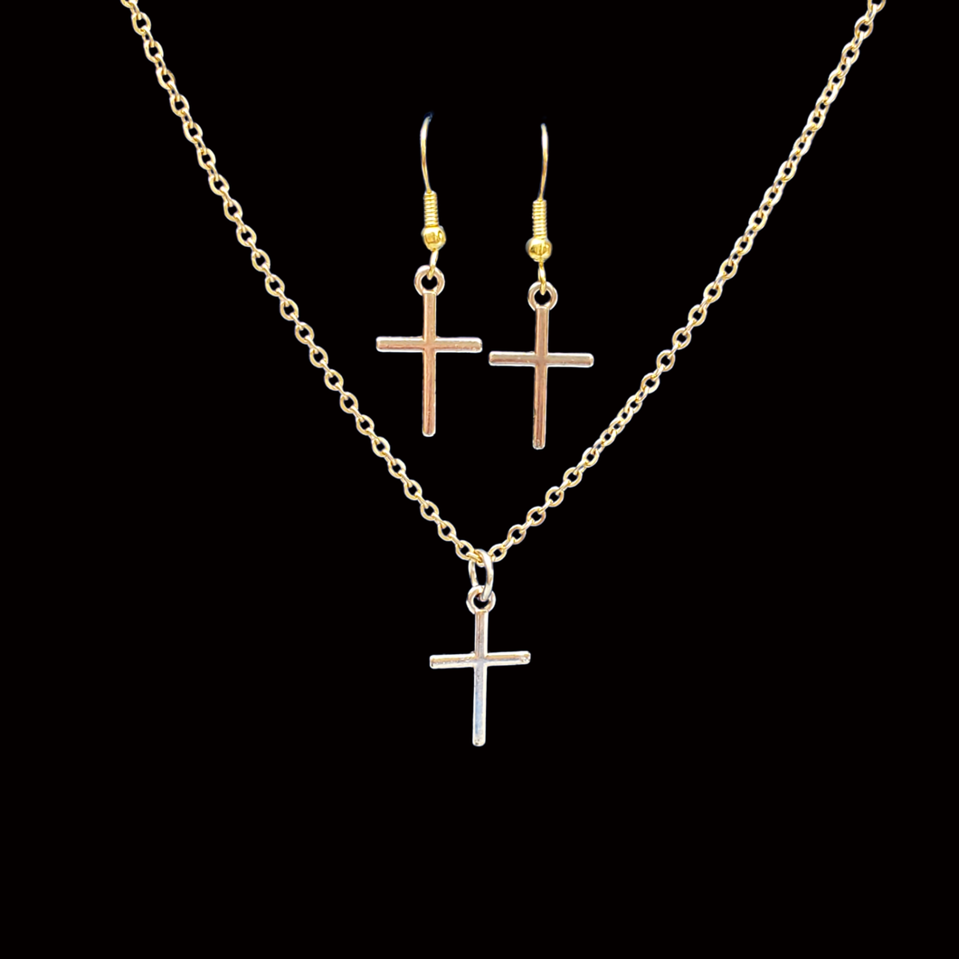 Necklace And Earring Set - Religious Jewelry - handmade gold cross drop necklace drop earring jewelry set