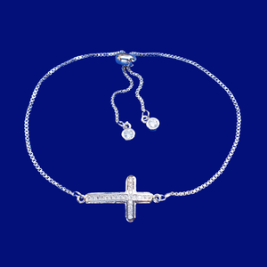 Cross Bracelet - 18K Bracelet - Bracelets, cubic zirconia pave sideways cross on an 18k adjustable bracelet, silver, gold or rose gold