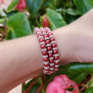Handmade pearl and crystal rhinestone expandable, multi-layer, wrap bracelet - bordeaux red or custom color - Pearl Bracelet - Wrap Bracelet - Bracelets