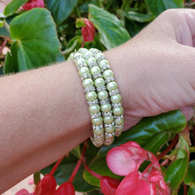 Load image into Gallery viewer, Handmade pearl and crystal rhinestone expandable, multi-layer, wrap bracelet - light green or custom color - Pearl Bracelet - Wrap Bracelet - Bracelets